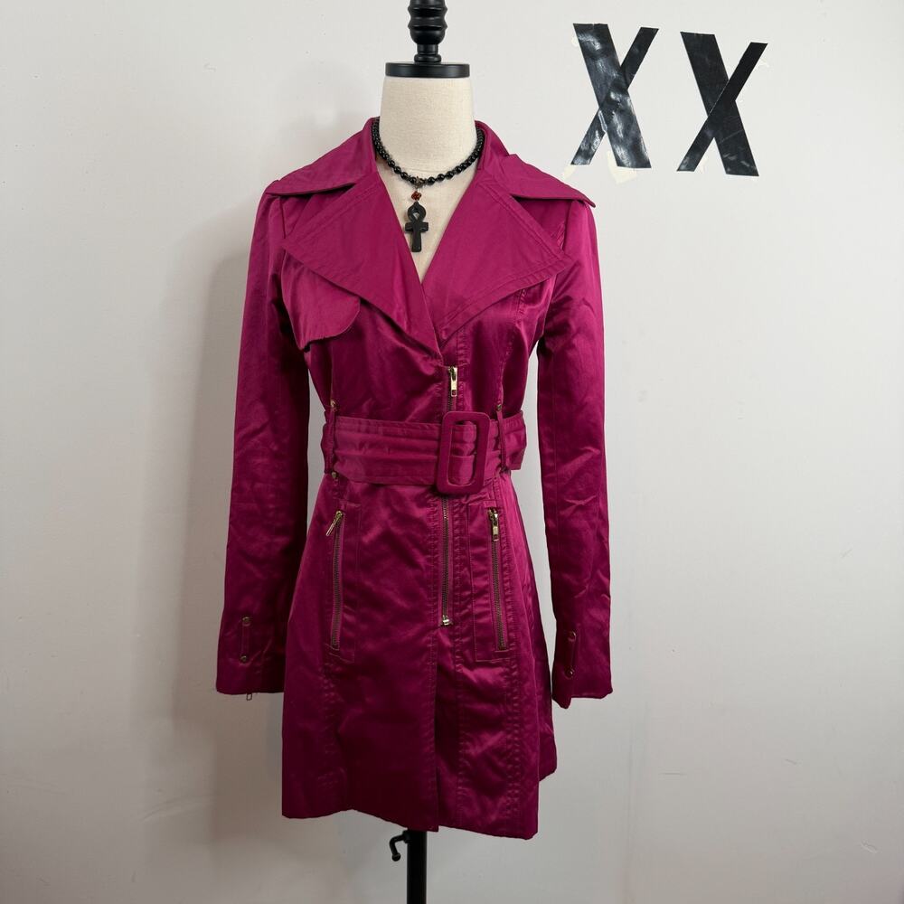 Y2K Rampage Fuchsia Satin Belted Gold Zip Trench Coat Jacket Mini Dress S T
